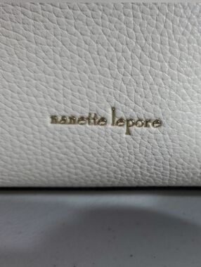 Nanette Lepore White Pebbled Vegan Leather Shoulder Bag with Gold Logo Accent